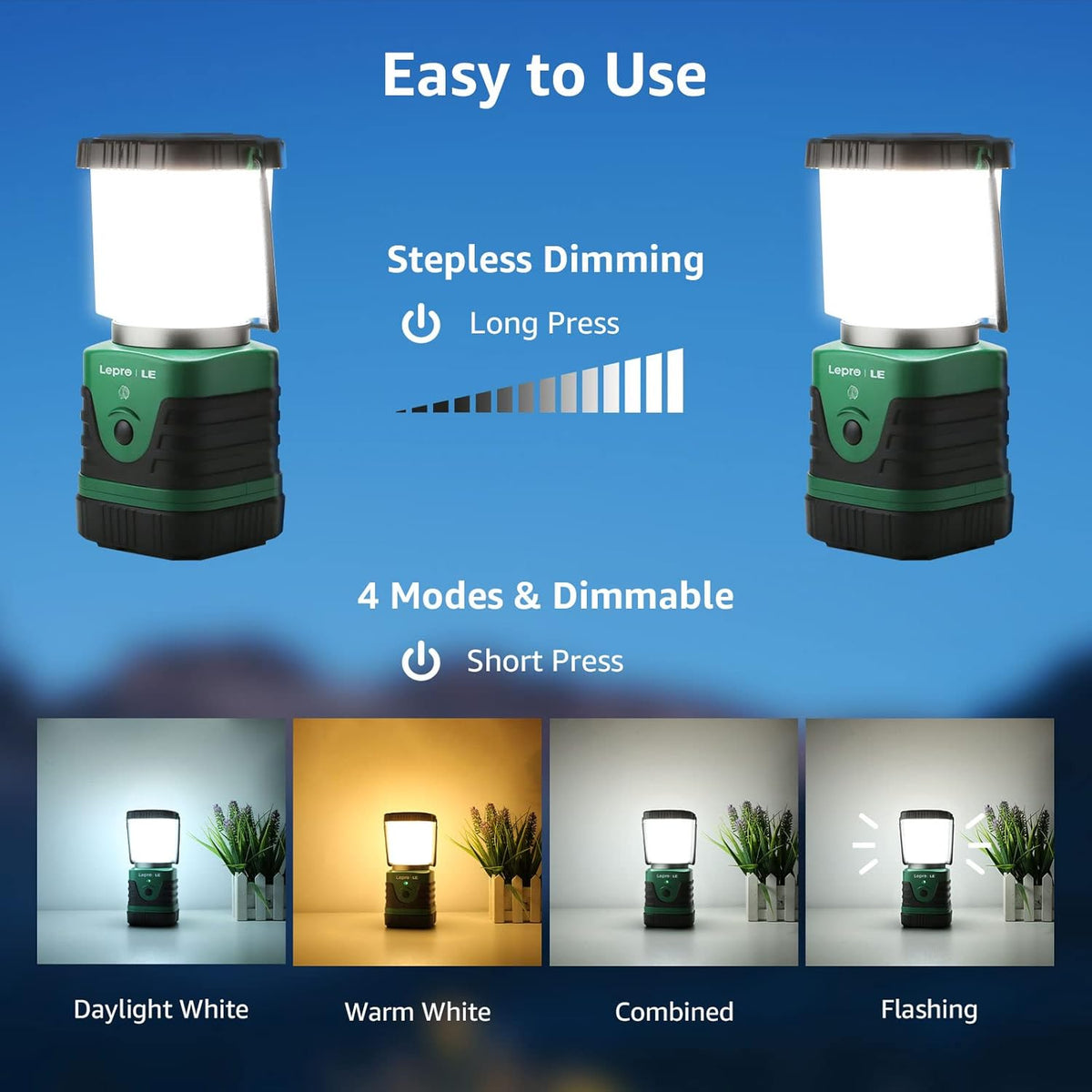 LE LED Campinglampe Tragbar, Superhell wiederaufladbare Suchscheinwerfer mit Bügel und Haken, 4 Helligkeiten Dimmbar, Notfallleuchte für Stromausfällen, Wandern, Notfall, Ausfälle usw, 1 Stück