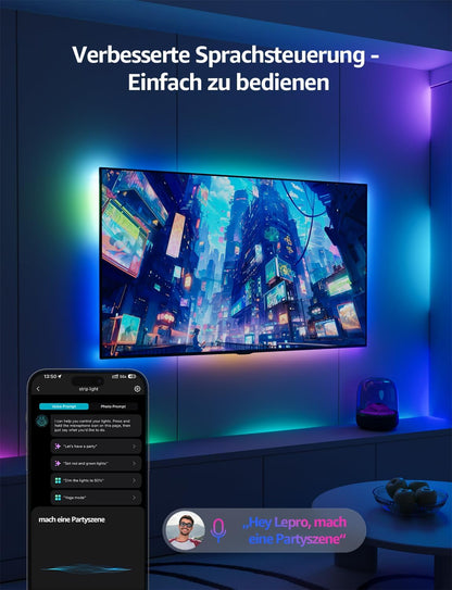 Lepro AI LED Streifen S1, MagicColor RGBIC 10M Smart LED Strip mit Personalisierter KI-Lichtdesigner, Musik-Sync, App-Steuerung kompatibel mit Alexa&Google Assistant, LED Lichterkette für Party&Gaming