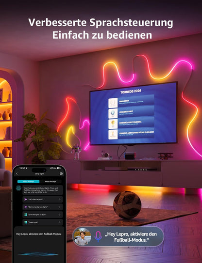 Lepro Neon AI LED Strip 6m, RGB LED Streifen mit App-, Musik- und Sprachsteuerung, kompatibel mit Alexa & Google Assistant, für Wohnzimmer, Gaming, Party, Wanddeko, Personalisierter KI-Lichtdesigner