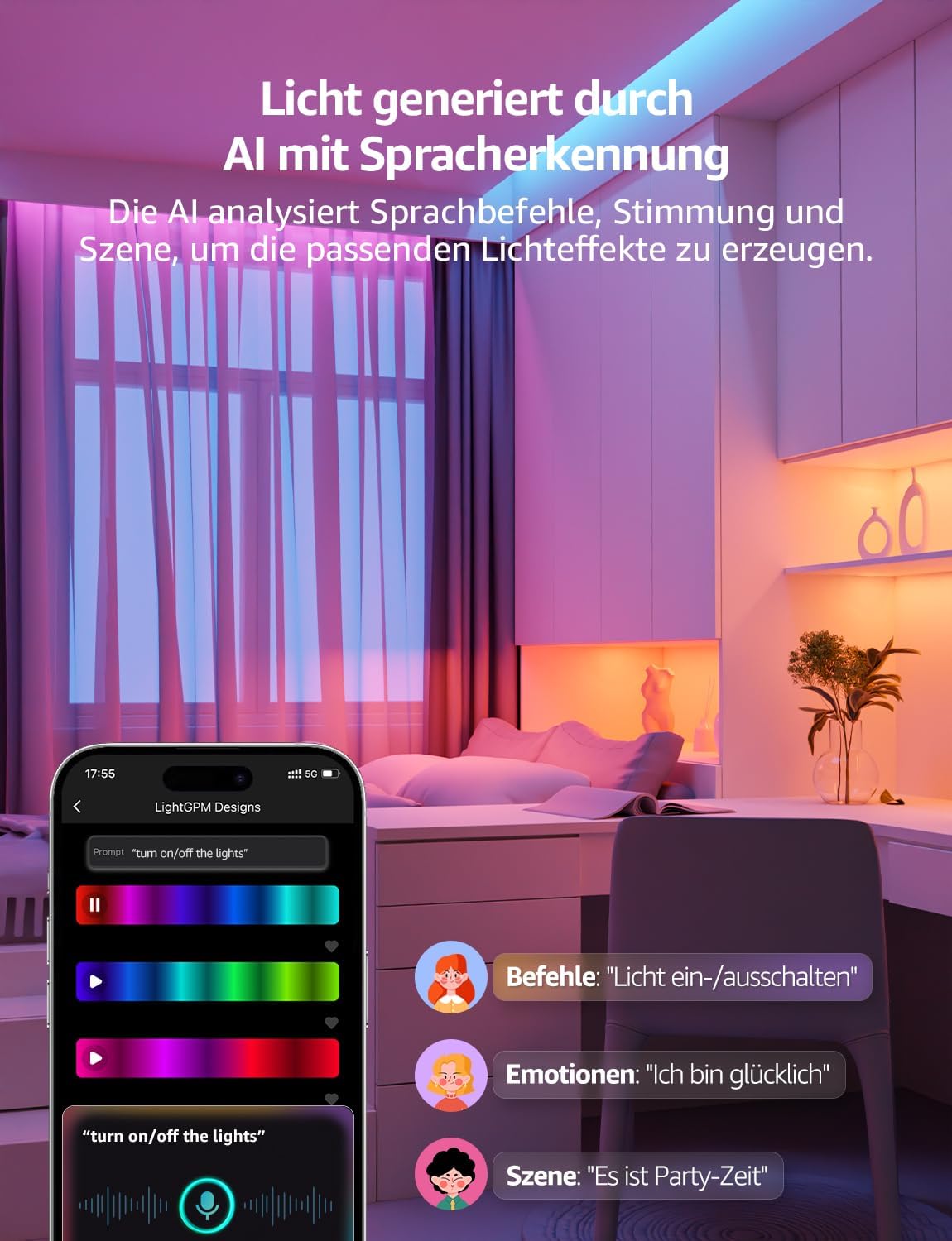 Lepro AI LED Streifen SE1, 15M Smart LED Strip RGB mit App-Sprachbefehle, Musik Sync, Personalisierter KI-Lichtdesigner, kompatibel mit Alexa&Google Assistant, für Party/Zuhause, Keine Fernbedienung