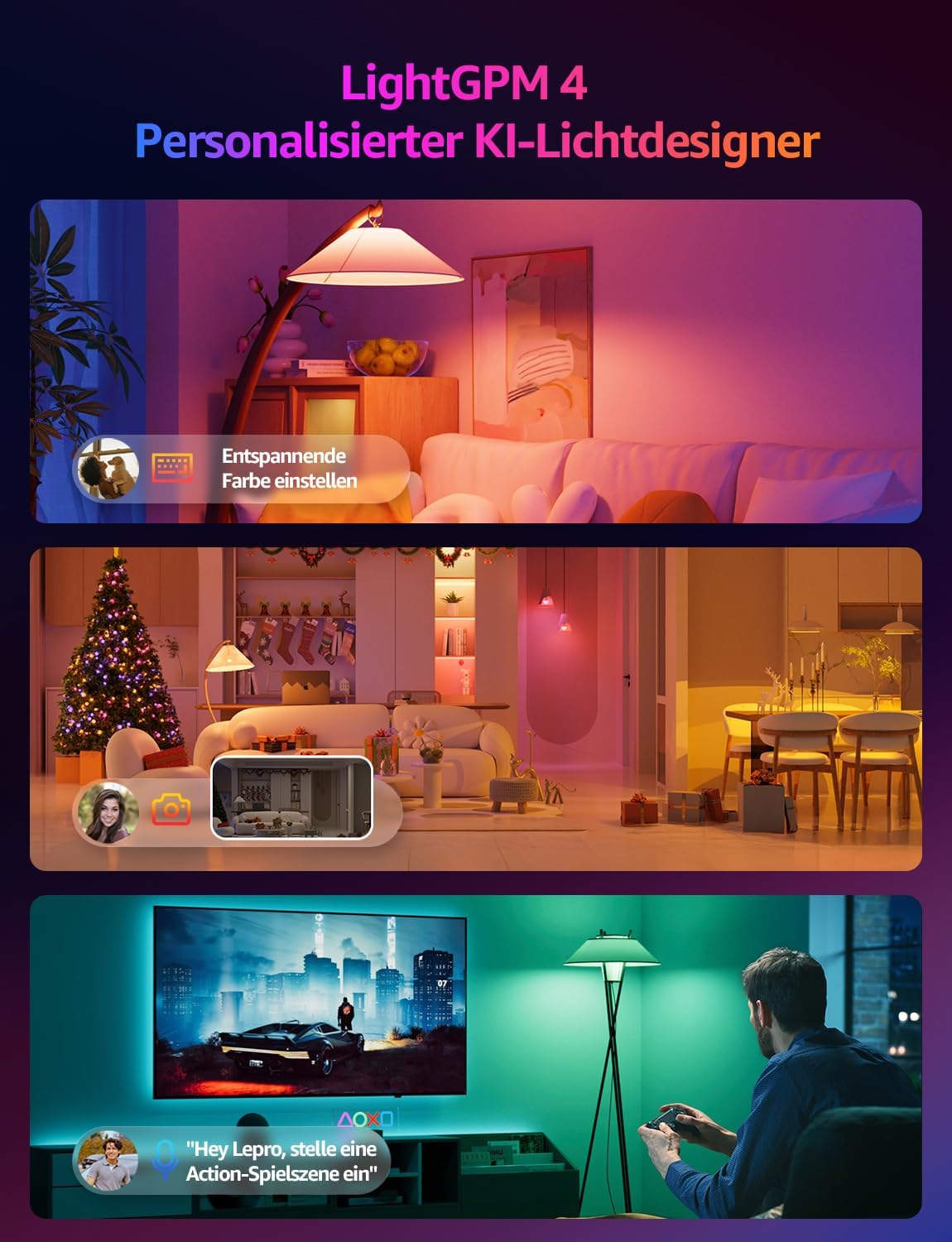 Lepro AI Smart Glühbirne BP1, G45 E14 LED Lampe Dimmbar 4.9W 470LM RGB+CCT, Personalisierter KI-Lichtdesigner mit Sprachsteuerung/Musik Sync, Kompatibel mit Alexa/Google, WiFi & Bluetooth, 4 Stück