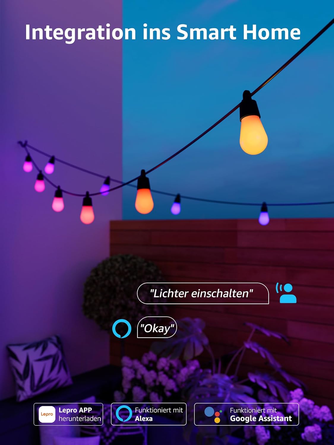 Lepro ZB1 AI LED Lichterkette Außen 15m, RGB+Warmweiß Smarte LED S14 WLAN Glühbirnen,App-Steuerung,Funktioniert mit Alexa&Google,IP65,Personalisierter KI-Lichtdesigner,ohne Fernbedienung, 15 LEDs