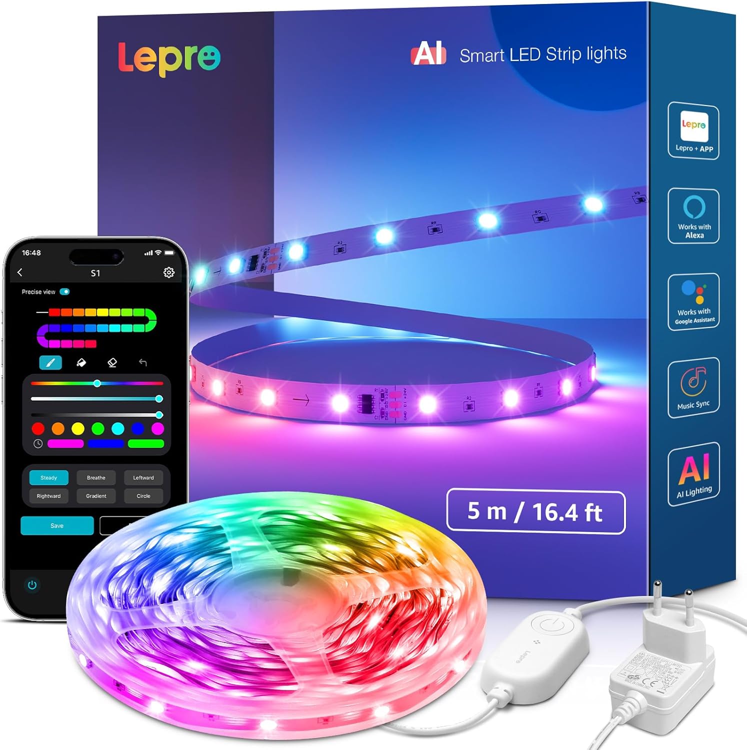 Lepro AI LED Streifen S1, MagicColor RGBIC 5M Smart LED Strip mit Personalisierter KI-Lichtdesigner, Musik-Sync, App-Steuerung kompatibel mit Alexa&Google Assistant, LED Lichterkette für Party&Gaming