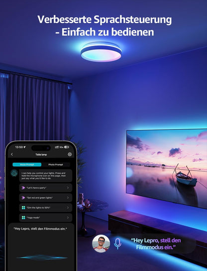 Lepro AI Smart Deckenlampe T1, Spracherkennung/Musik Sync, Deckenleuchte Dimmbar RGBCCT 24W 1800LM IP44 Wasserdicht, Personalisierter KI-Lichtdesigner, WiFi & Bluetooth, Kompatibel mit Alexa/Google