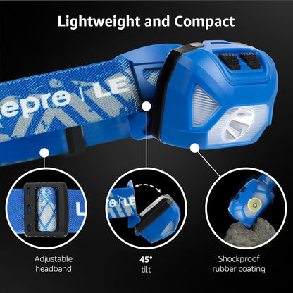 Lepro Stirnlampe, 1300 Lux LED XPG Kopflampe mit 6 Lichtmodi Scheinwerfer und Rotlicht, IPX4 spritzwassergeschütztes Gehäuse, Batteriebetrieben Stirnlampen, Ideal für Camping Joggen, Blau, 2 Stück