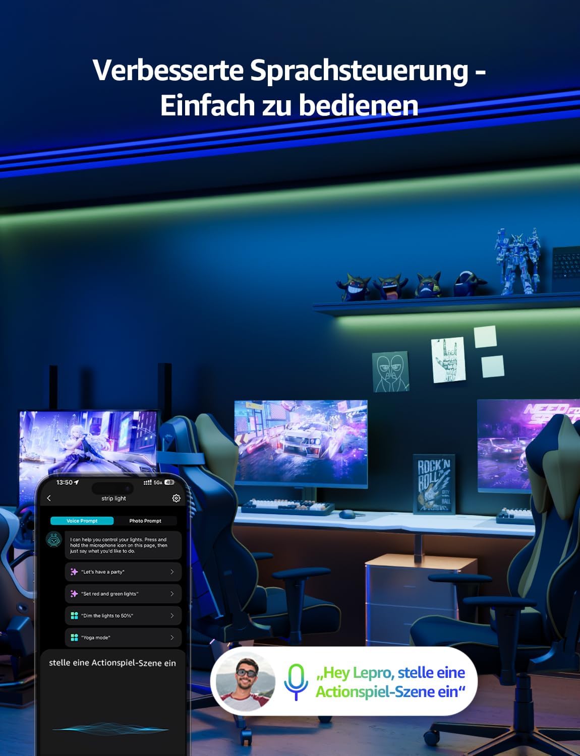 Lepro AI LED Streifen SE1, 20M Smart LED Strip RGB mit App-Sprachbefehle, Musik Sync, Personalisierter KI-Lichtdesigner, kompatibel mit Alexa&Google Assistant, für Party/Zuhause, Keine Fernbedienung