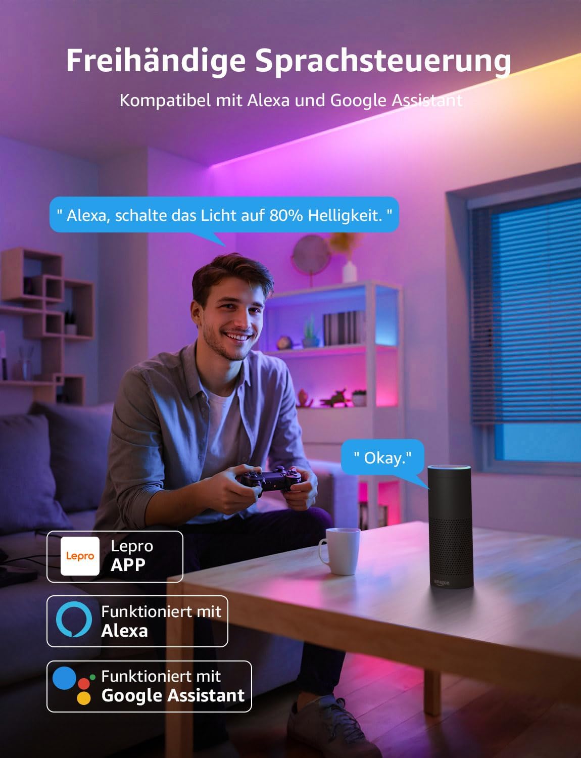 Lepro AI LED Streifen S1, MagicColor RGBIC 5M Smart LED Strip mit Personalisierter KI-Lichtdesigner, Musik-Sync, App-Steuerung kompatibel mit Alexa&Google Assistant, LED Lichterkette für Party&Gaming
