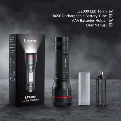 Lepro LED Taschenlampe, LE2000 Extrem Hell Klein Taschenlampen Batteriebetrieben mit 5 Modi, Zoombare Camping Handlampe, wasserdichte praktische Flashlight für Outdoor, Wandern, Angeln, Gassigehen