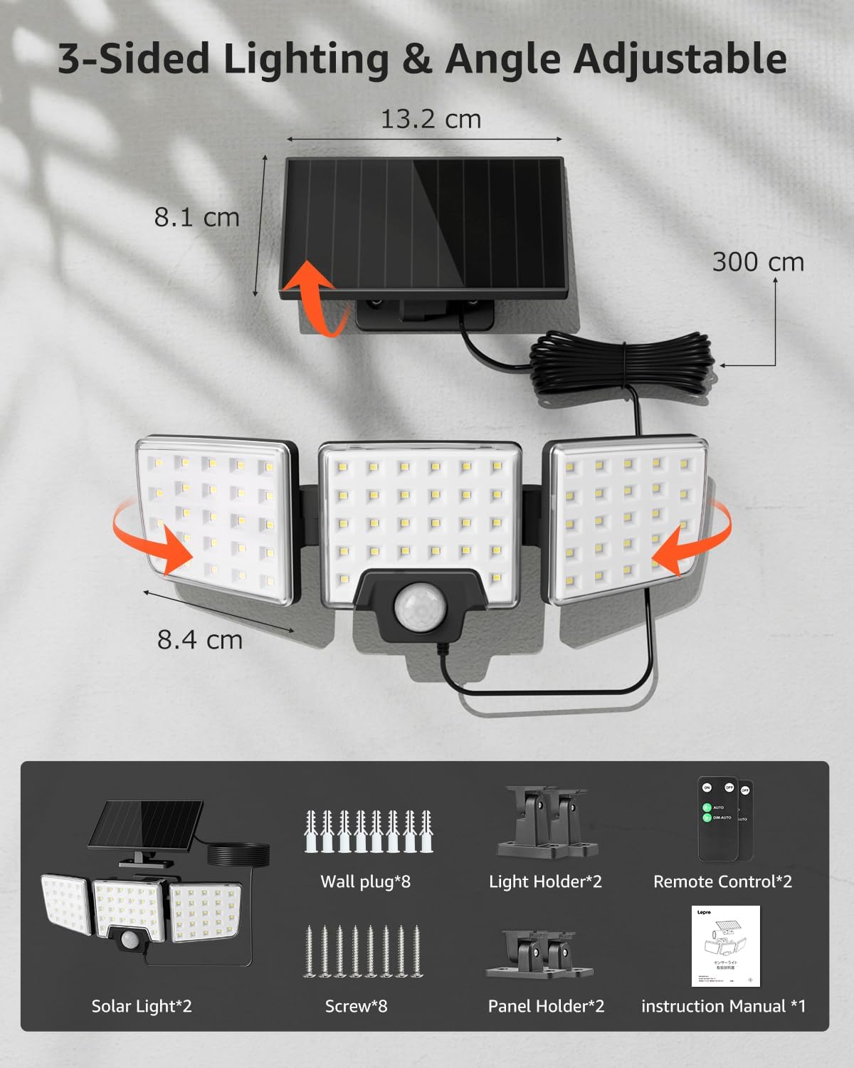 Lepro Solarlampen mit Bewegungsmelder Solar Außenleuchte Led Solar Strahler für Außen, mit Fernbedienung, 2 in 1, Separiert und Integriert, mit 2 Lichtmodi, IP65, für Hof, Garage, Solarleucht, 2 Stück