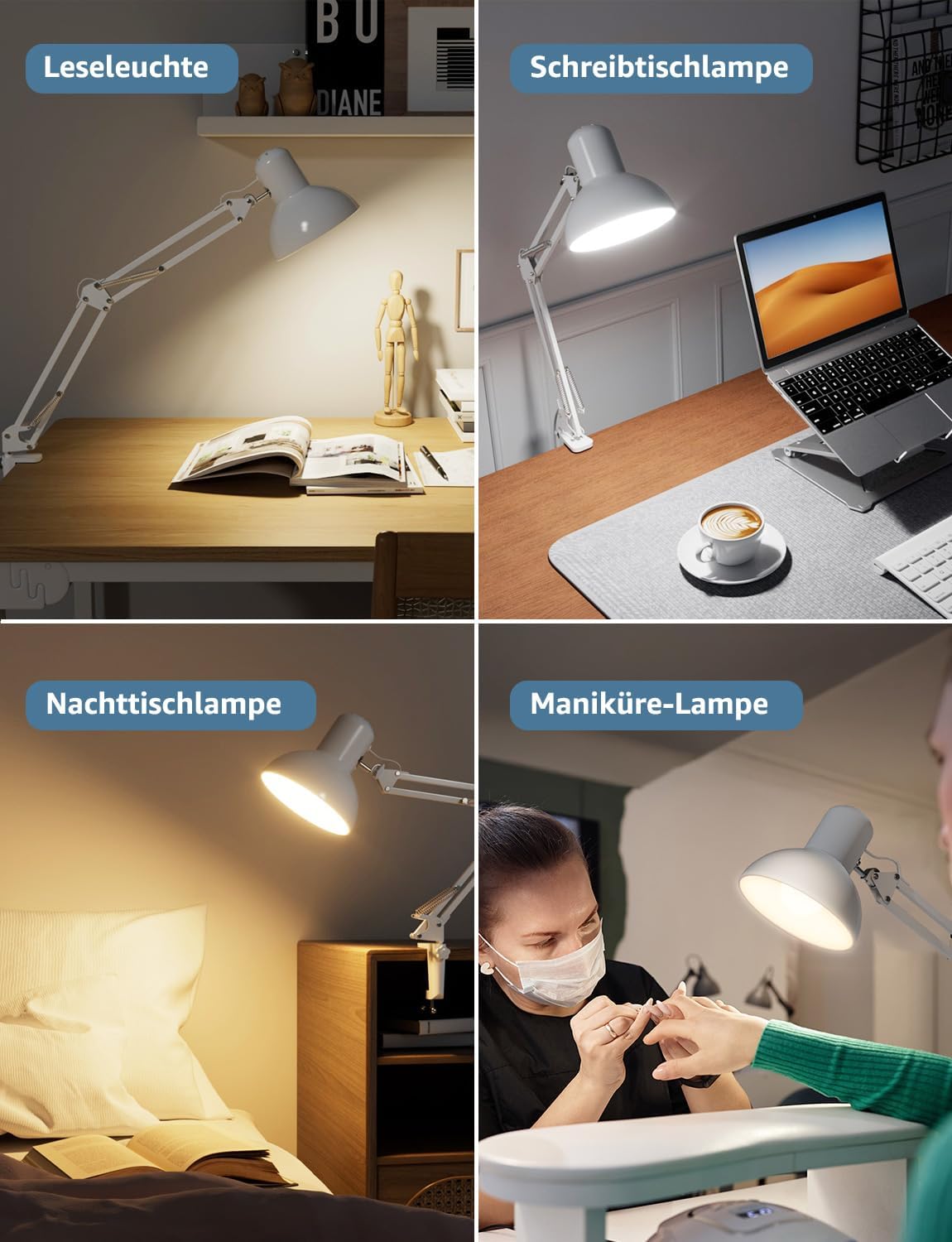Lepro Schreibtischlampe Retro, Klemmbare Tischlampe E27, LED Büro Leselampe Nachttischlampe Verstellbare, Gelenk-Arm, schwenkbar, Tageslichtlampe Schreibtisch leuchte, HxBxT: 38 x 15 x 27cm, Weiß