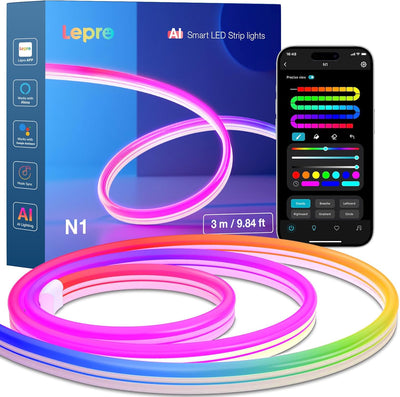 Lepro Neon AI LED Strip 10m, RGB LED Streifen mit App-, Musik- und Sprachsteuerung, kompatibel mit Alexa & Google Assistant, für Wohnzimmer, Gaming, Party,Wanddeko, Personalisierter KI-Lichtdesigner