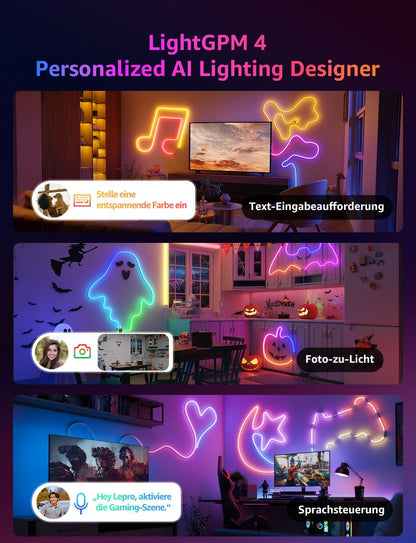 Lepro Neon AI LED Strip 3m, RGB LED Streifen mit App-, Musik- und Sprachsteuerung, kompatibel mit Alexa & Google Assistant, für Wohnzimmer, Gaming, Party, Wanddeko, Personalisierter KI-Lichtdesigner