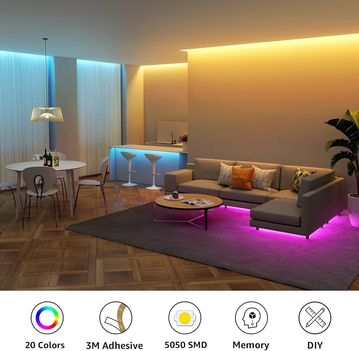 Lepro LED Strip 5M RGB Set, 5050 SMD 150 LEDs Streifen, 12V, LED Band Selbstklebend, Flexibel LED Lichtband, LED Lichterkette IP20, Bunt LED Leiste Kette Dimmbar, Netzteil und Controller enthalten
