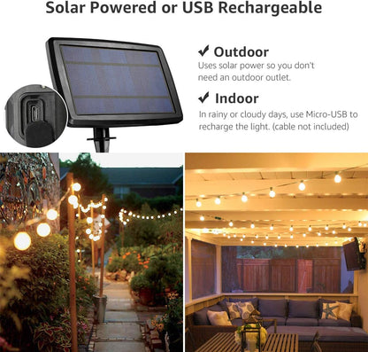 LE Solar Lichterkette mit G40 LED-Lampen für Außen, 7,62 m, 25 LEDs, USB aufladbar, 4 Modi, für Garten, Balkon, Hochzeit & Weihnachtsdeko, warmweiß