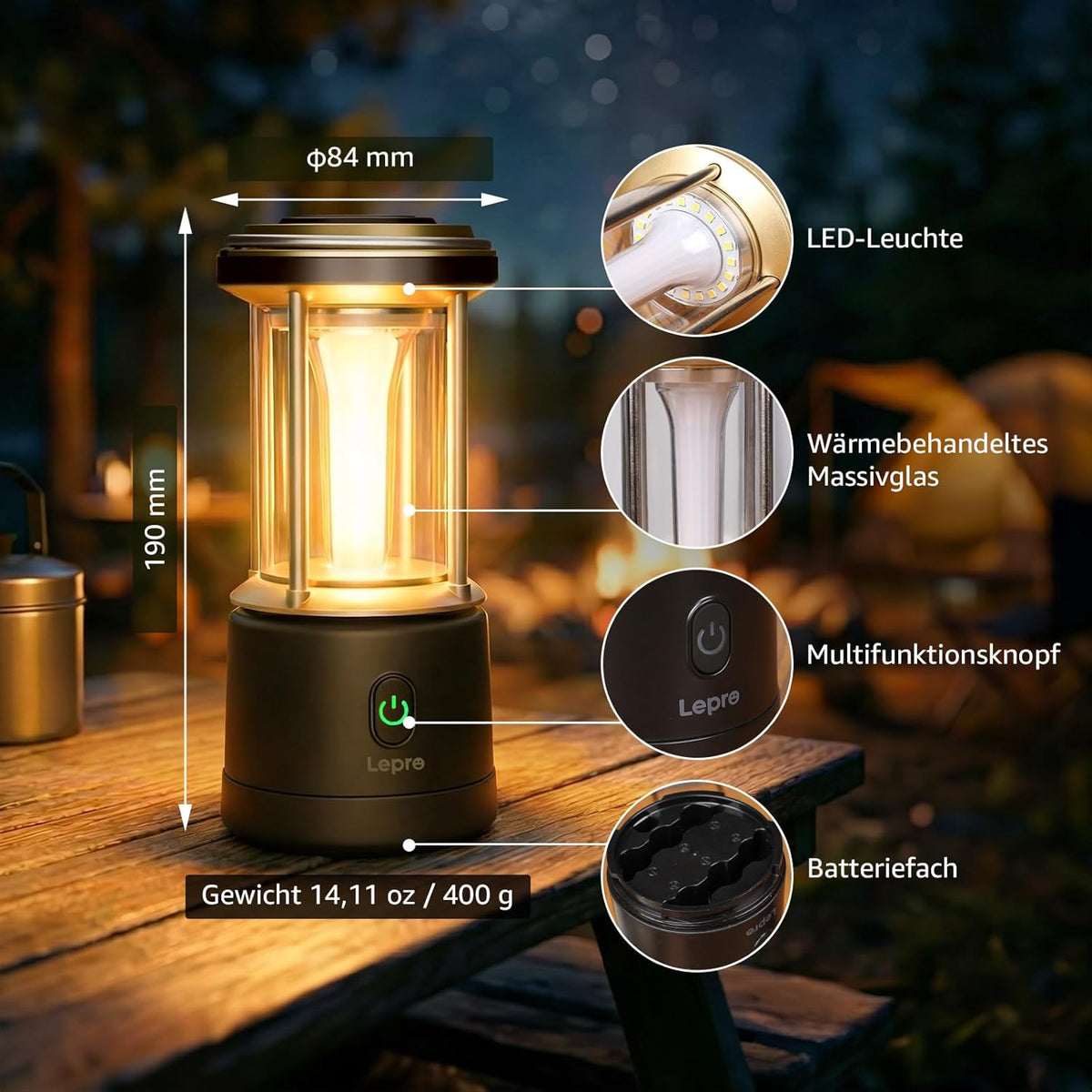 Lepro LED-Campinglampe, 1100 Lumen, 5 Leuchtmodi, helligkeitsverstellbarer Suchscheinwerfer, IPX4 wasserdichte batteriebetriebene Notfallleuchte, geeignet f¨¹r Stromausf?lle, Wanderungen£¬Black