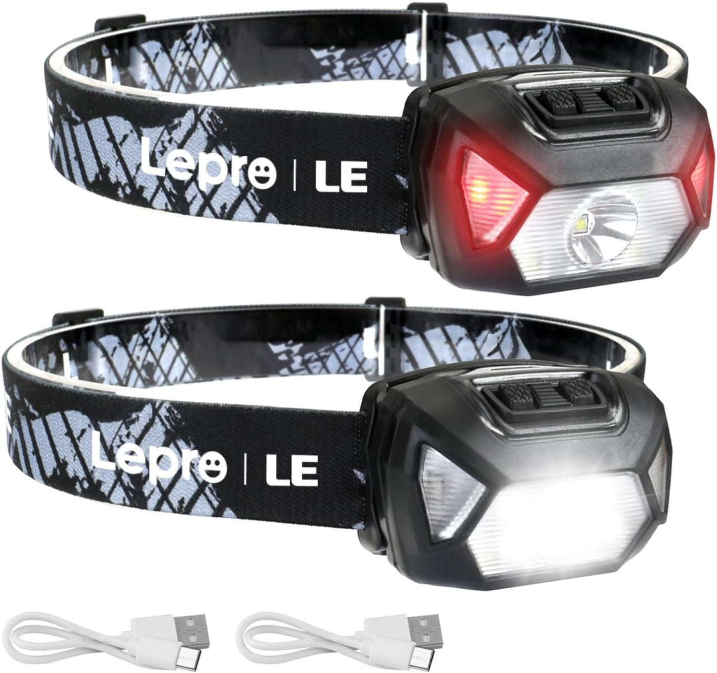 Lepro Stirnlampe LED Wiederaufladbar, 2000 Lux Superhell Kopflampe Stirnlampe mit Rotlicht und 6 Lichtmodi, IPX4 Wasserdicht Stirnleuchte, Ideal für Camping&Joggen, Schwarz, 2 Stück[inkl. USB Kabel]
