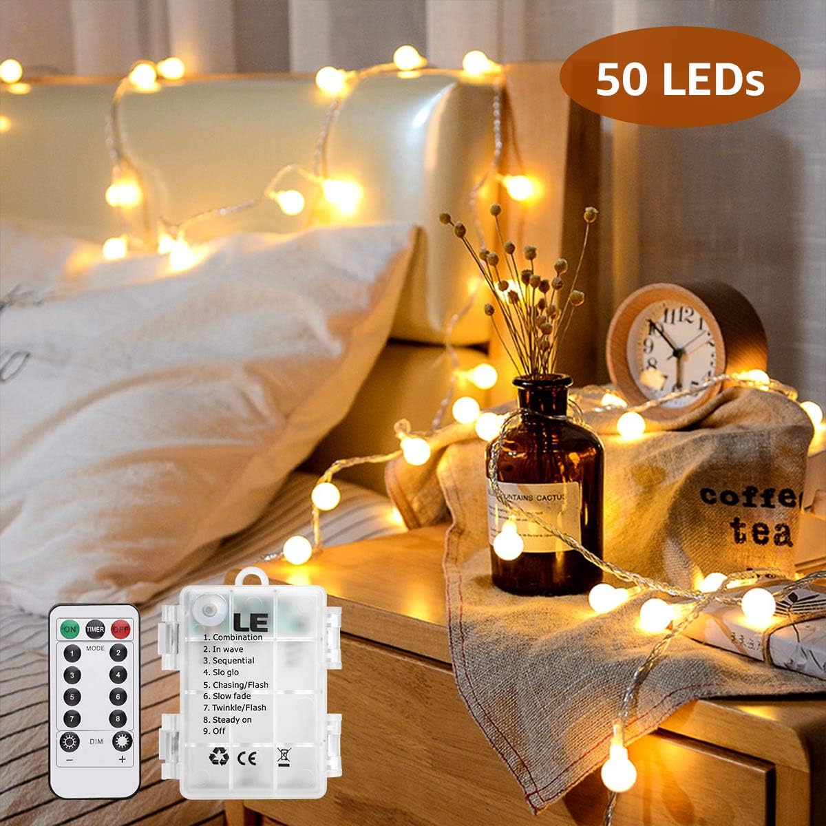 LE 50er LED Kugel Lichterkette 5M Warmweiss Dimmbar, Batteriebetrieben mit Fernbedienung, 8 Lichtmodi, Zeitschaltuhr und Merkfunktion, ideale für Innen, Hochzeit, Party Deko usw.mmer, Party Deko usw.