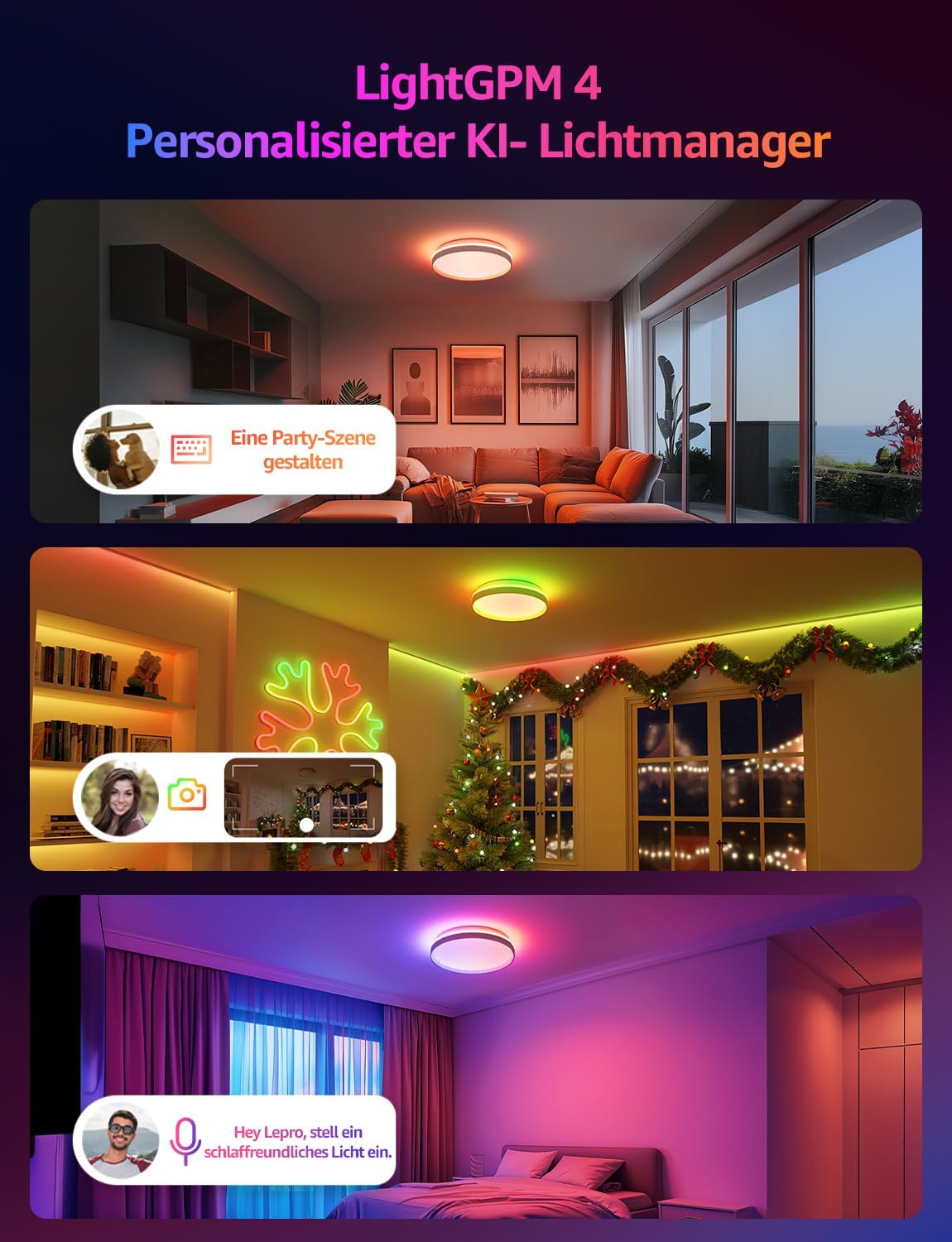 Lepro AI Smart Deckenlampe T1, Spracherkennung/Musik Sync, Deckenleuchte Dimmbar RGBCCT 24W 1800LM IP44 Wasserdicht, Personalisierter KI-Lichtdesigner, WiFi & Bluetooth, Kompatibel mit Alexa/Google