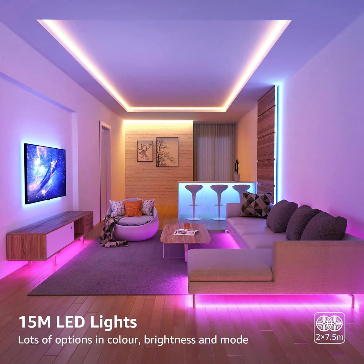 LE LED Strip 15M, LED Streifen, RGB Band, 5050 SMD 450 LEDs Stripes(2x7.5M), 12V, Selbstklebend Lichtband mit 44 Tasten Fernbedienung, Flexibel LED Leiste, LED Lichterkette für Weihnachten, Bar,TV