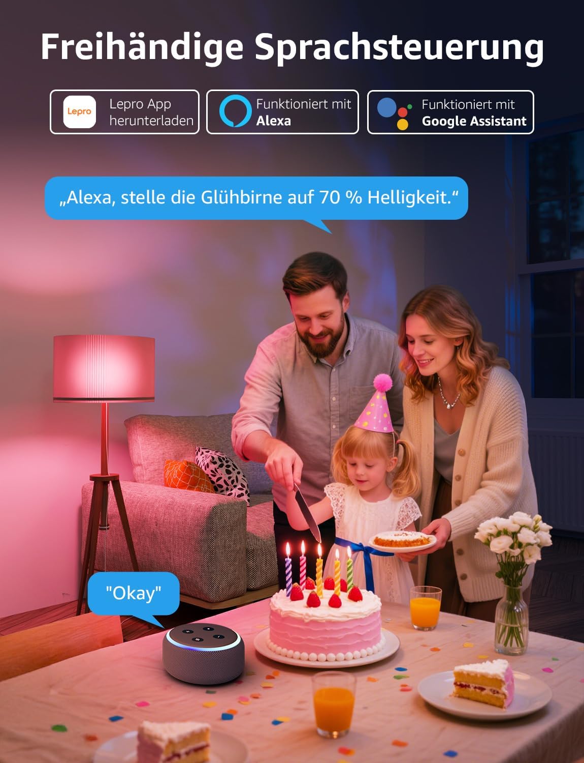 Lepro Al Smart Glühbirne B3, E27 WLAN/Bluetooth Smart Bulb 1521lm Dimmbar, Foto-zu-Licht, Personalisierter KI-Lichtdesigner, Sprachsteuerung/Musik Sync, Kompatibel mit Alexa/Google Assistant