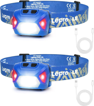 Lepro Stirnlampe LED Wiederaufladbar, 2000 Lux Superhell Kopflampe Stirnlampe mit Rotlicht und 6 Lichtmodi, IPX4 Wasserdicht Leicht Stirnleuchte, Ideal für Camping&Joggen, Blau