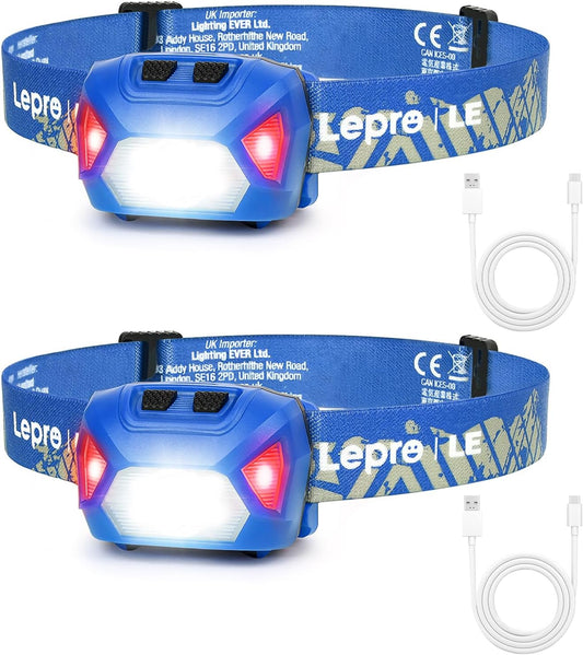 Lepro Stirnlampe LED Wiederaufladbar, 2000 Lux Superhell Kopflampe Stirnlampe mit Rotlicht und 6 Lichtmodi, IPX4 Wasserdicht Leicht Stirnleuchte, Ideal für Camping&Joggen, Blau
