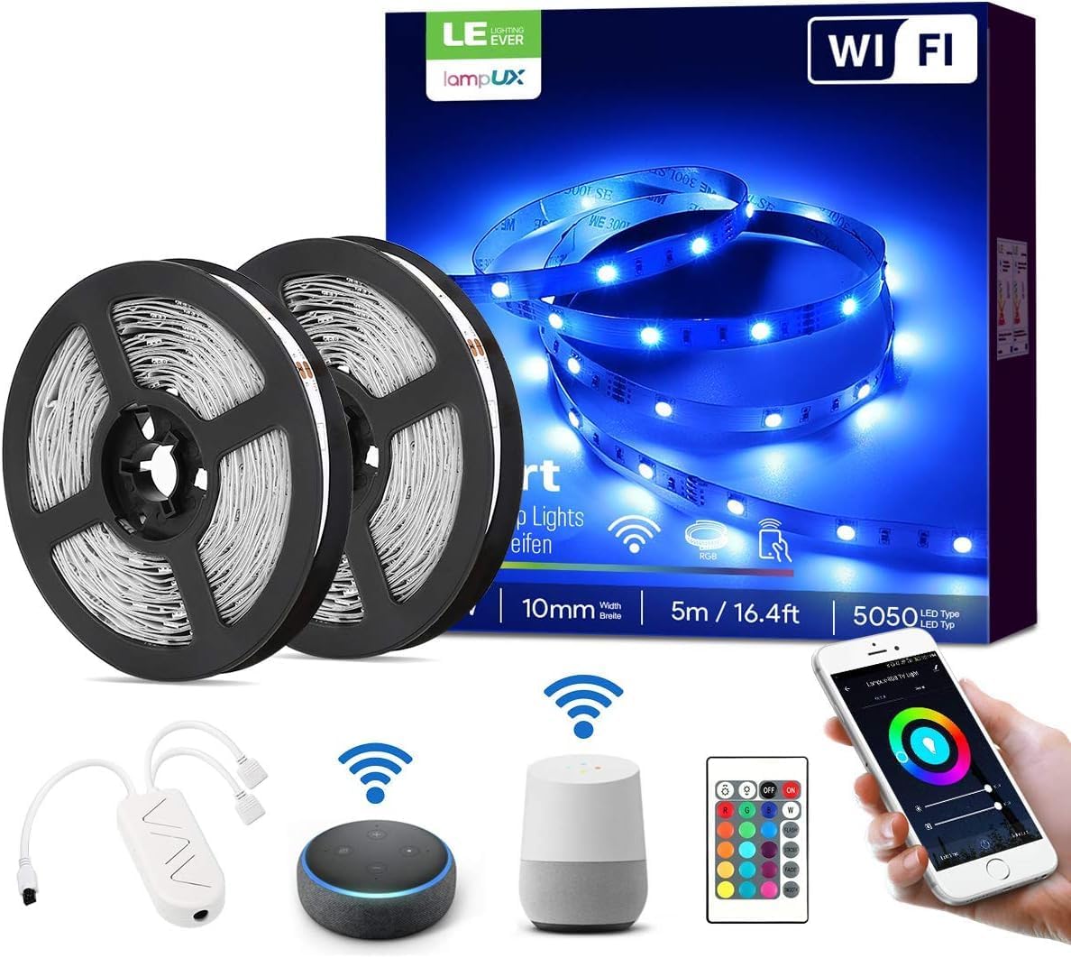LE LED Strip Alexa 10M, 2x5M, Smart LED Streifen Wifi, RGB 300 LEDs, Wlan LED Band, Superhell 5050 Selbstklebend Lichtband, Lichterkette mit Fernbedienung, Kompatibel mit Alexa, App, Google Home, IP20