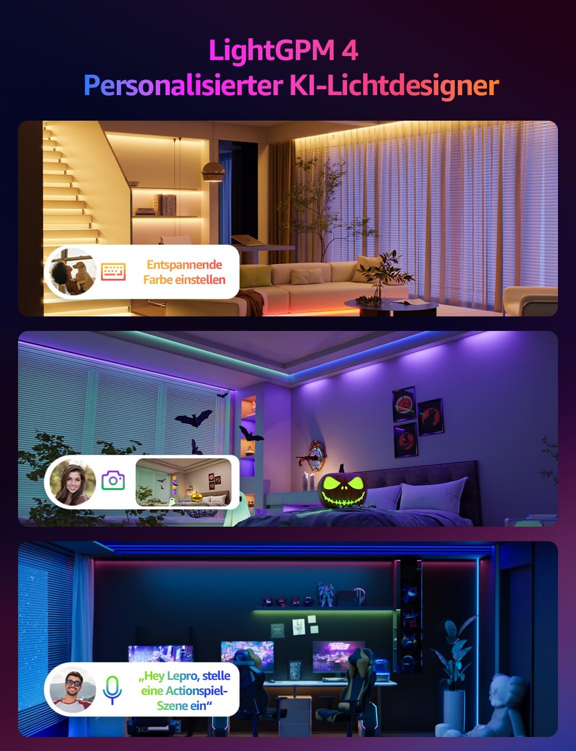 Lepro AI LED Streifen SE1, 20M Smart LED Strip RGB mit App-Sprachbefehle, Musik Sync, Personalisierter KI-Lichtdesigner, kompatibel mit Alexa&Google Assistant, für Party/Zuhause, Keine Fernbedienung