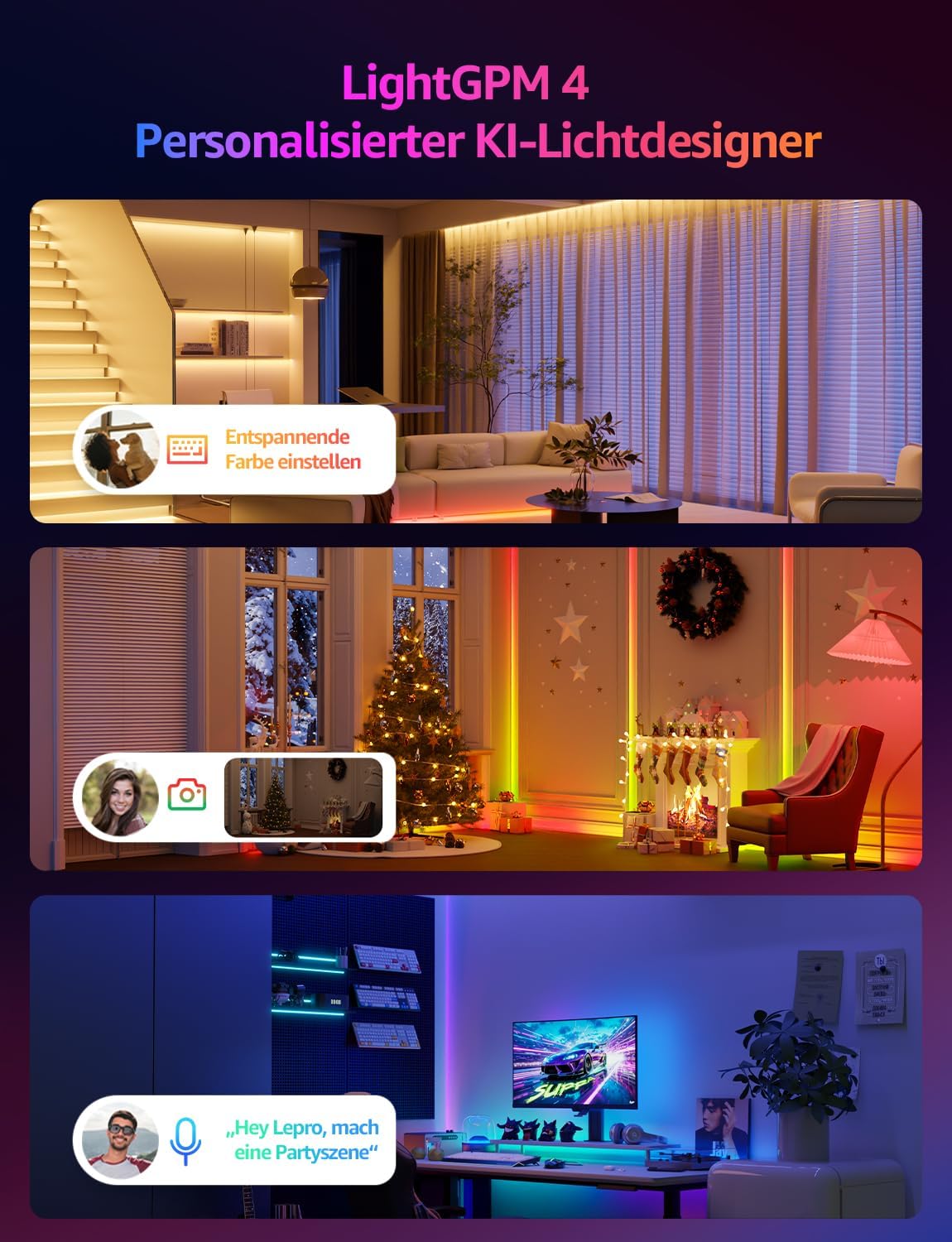 Lepro AI LED Streifen S1, MagicColor RGBIC 10M Smart LED Strip mit Personalisierter KI-Lichtdesigner, Musik-Sync, App-Steuerung kompatibel mit Alexa&Google Assistant, LED Lichterkette für Party&Gaming