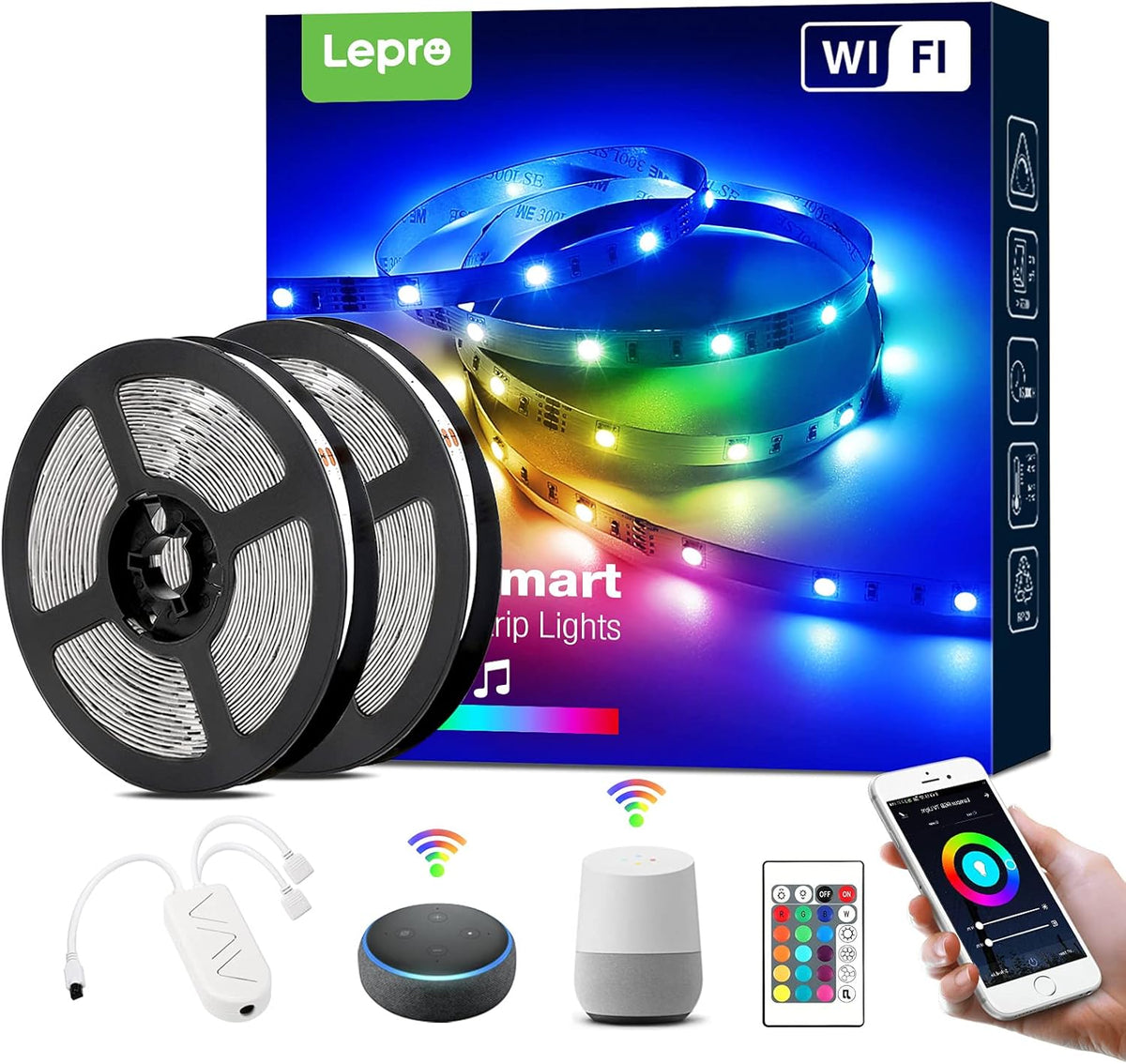 Lepro Smart LED Strip 10M(5M*2) Musiksteuerung, Wifi LED Streifen RGB Dimmbar, Wlan LED Band,Superhell Lichtband Selbstklebend, Lichterkette mit Fernbedienung, Kompatibel mit Alexa, App, Google Home