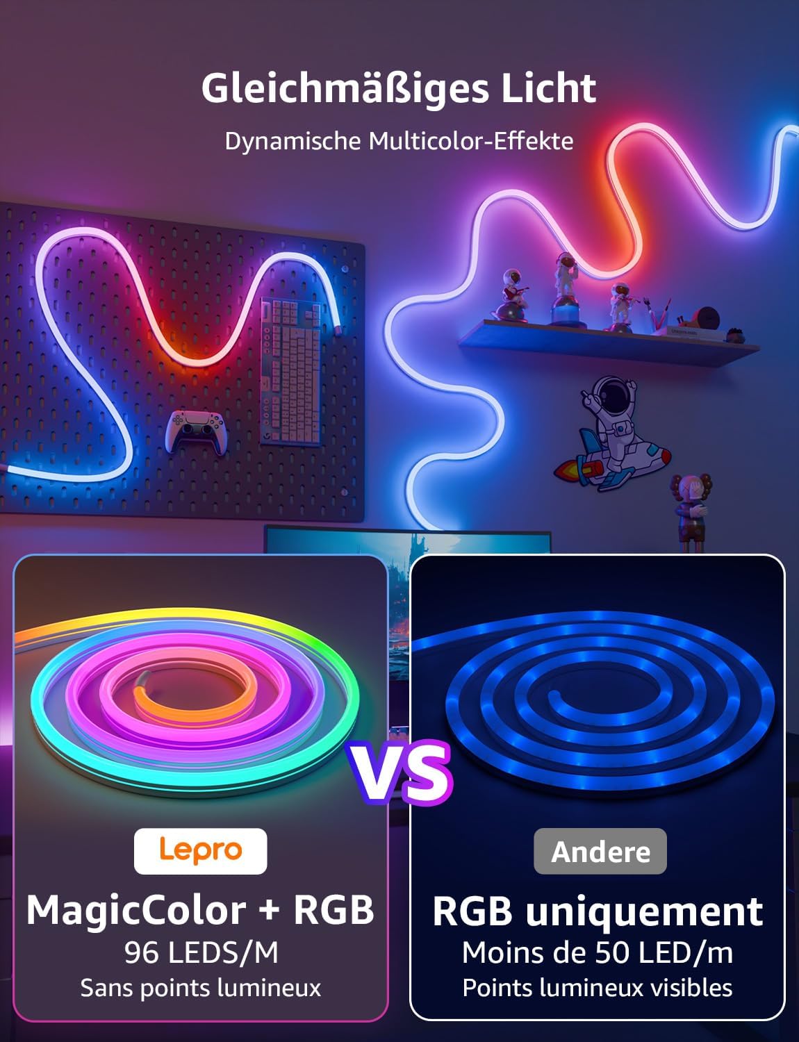 Lepro Neon AI LED Strip 3m, RGB LED Streifen mit App-, Musik- und Sprachsteuerung, kompatibel mit Alexa & Google Assistant, für Wohnzimmer, Gaming, Party, Wanddeko, Personalisierter KI-Lichtdesigner