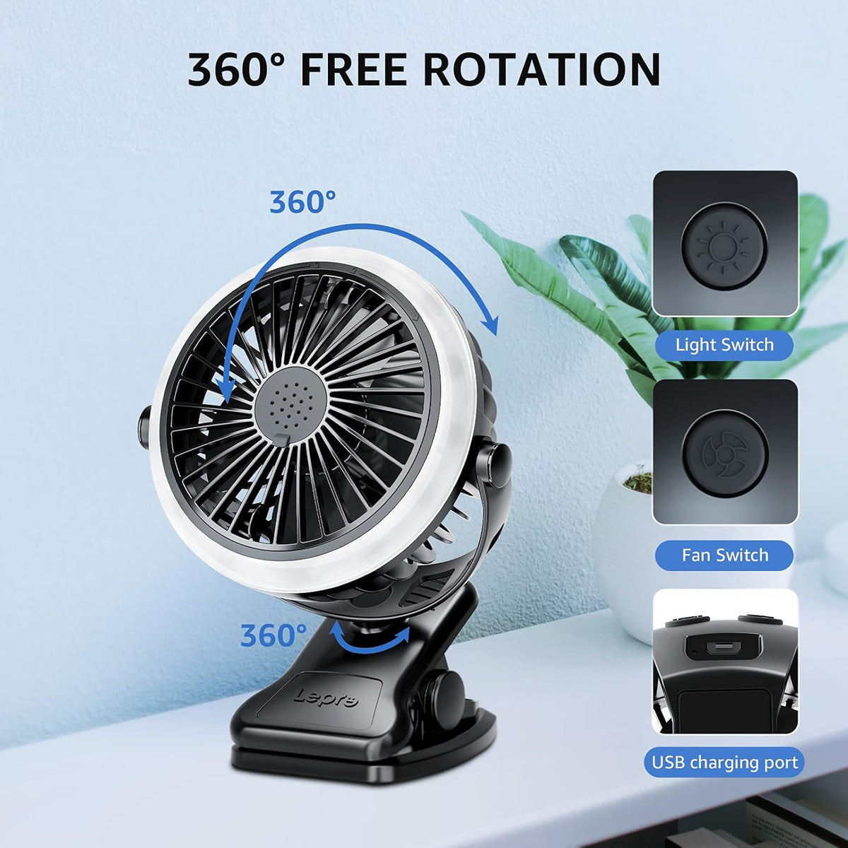 Lepro Camping Ventilator mit Licht, Campinglaterne mit Ventilator, Tragbar USB Ventilator, Zeltventilator mit Aufhängehaken, Wiederaufladbar USB-Ladeeingangslüfter für Outdoor, Camping, Büro, Grill