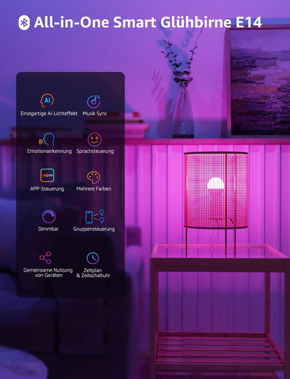 Lepro AI Smart Glühbirne BP1, G45 E14 LED Lampe Dimmbar 4.9W 470LM RGB+CCT, Personalisierter KI-Lichtdesigner mit Sprachsteuerung/Musik Sync, Kompatibel mit Alexa/Google, WiFi & Bluetooth, 4 Stück