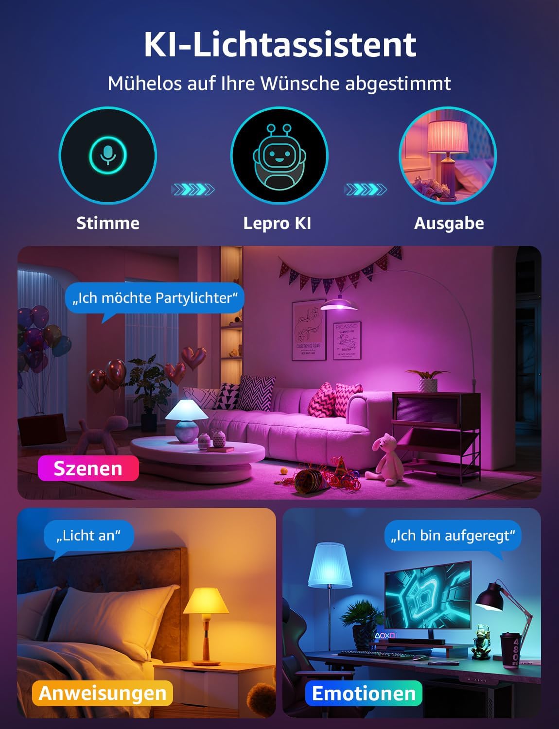 Lepro Al Smart Glühbirne B3, E27 WLAN/Bluetooth Smart Bulb 1521lm Dimmbar, Foto-zu-Licht, Personalisierter KI-Lichtdesigner, Sprachsteuerung/Musik Sync, Kompatibel mit Alexa/Google Assistant