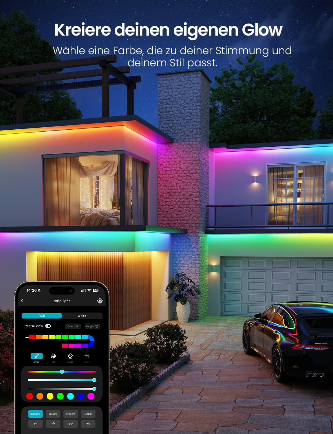 Lepro AI RGBCW LED Streifen SW1, 5m Au?enbereich IP65 Wasserdicht led Strip, Personalisierter KI-Lichtdesigner, Foto-zu-Licht, Musik-Sync, Kompatibel mit Alexa & Google Assistant f¨¹r Au?enszenen