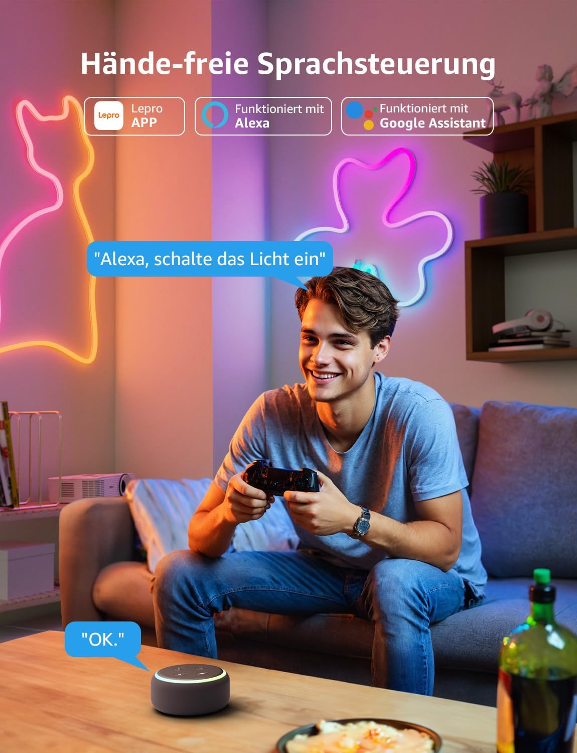 Lepro Neon AI LED Strip 3m, RGB LED Streifen mit App-, Musik- und Sprachsteuerung, kompatibel mit Alexa & Google Assistant, für Wohnzimmer, Gaming, Party, Wanddeko, Personalisierter KI-Lichtdesigner