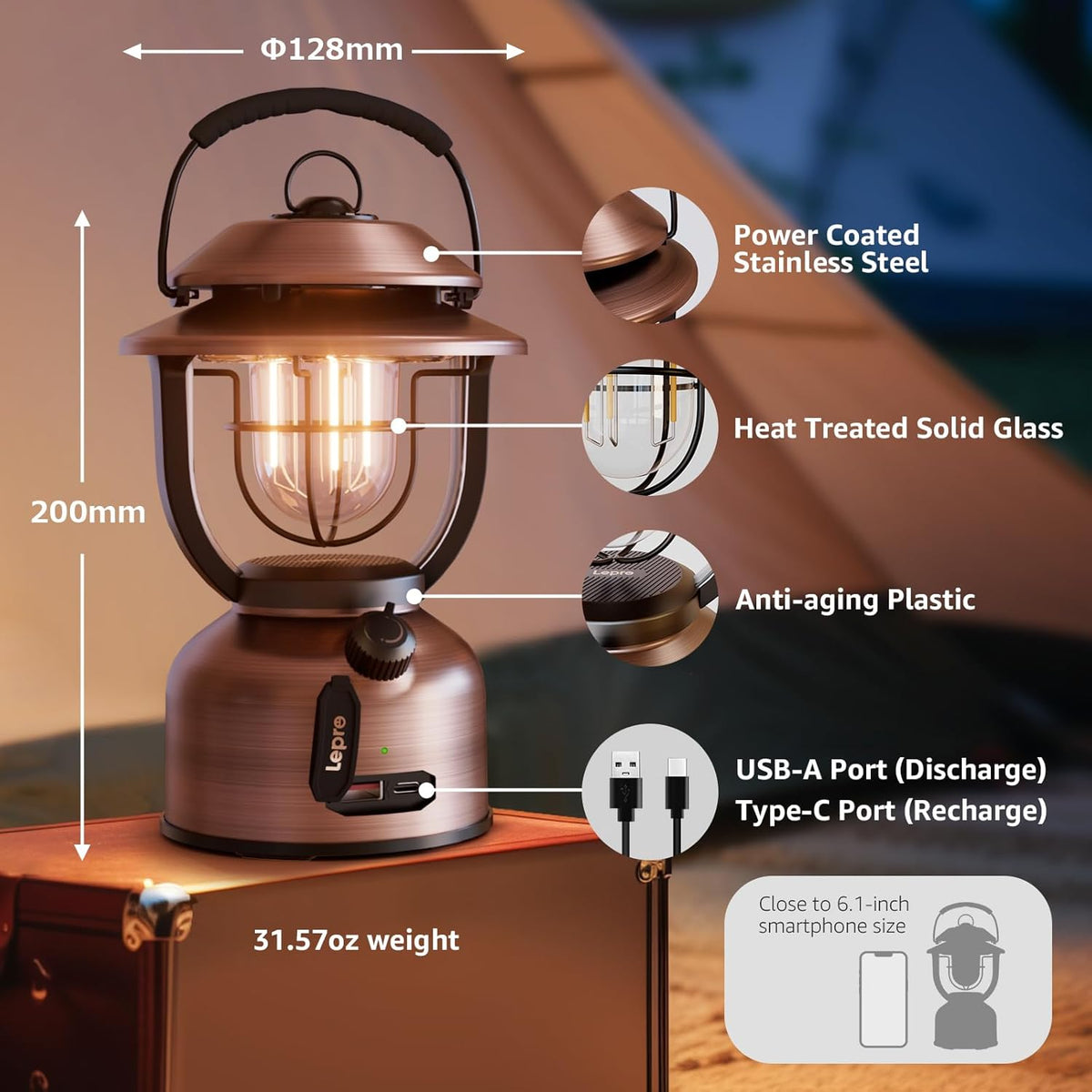 Campinglampe Aufladbar, Lepro Retro Camping lampe 1000 Lumen Dimmbar, 2500K Warmweiß und 5000K Kaltweiß, für Camping und Picknick, Innenbeleuchtung, Dekorative Beleuchtung, Notfälle usw.