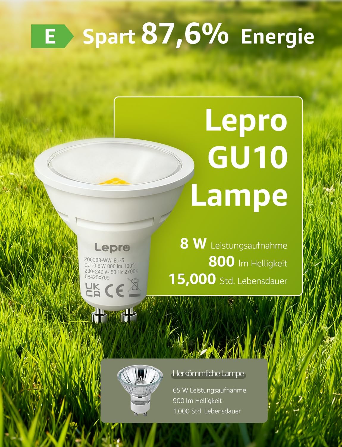 Lepro GU10 LED Warmweiss 8W Lampe, 800 lm, 2700K Warmwei?, 100¡ã Abstrahlwinkel, Nicht dimmbar, Energiesparendes GU10 LED Leuchtmittel f¨¹r Flur, Eingangsbereich, Wohnzimmer, Schlafzimmer, 5 St¨¹ck