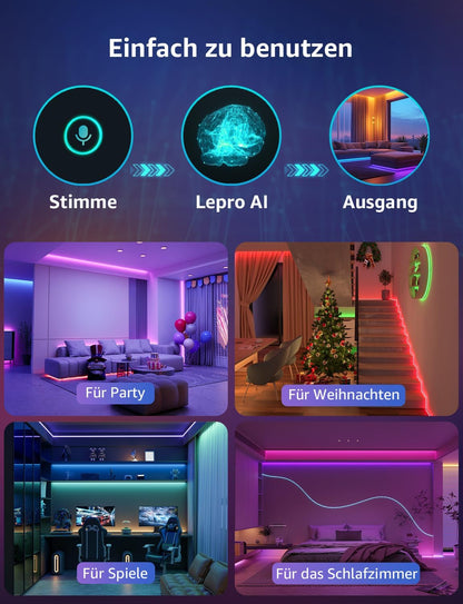 Lepro AI LED Streifen SE1, 20M Smart LED Strip RGB mit App-Sprachbefehle, Musik Sync, Personalisierter KI-Lichtdesigner, kompatibel mit Alexa&Google Assistant, für Party/Zuhause, Keine Fernbedienung
