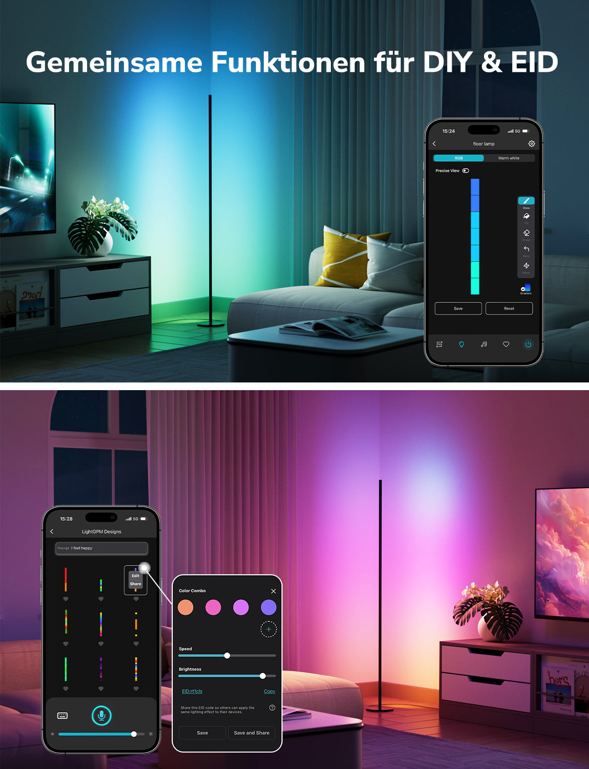 Lepro AI Smart Stehlampe Wohnzimmer OE1, Stehlampe Dimmbar, Sprachsteuerung/Musik Sync/DIY, Personalisierter KI-Lichtdesigner, Kompatibel mit Alexa/Google, 16 Millionen Farben