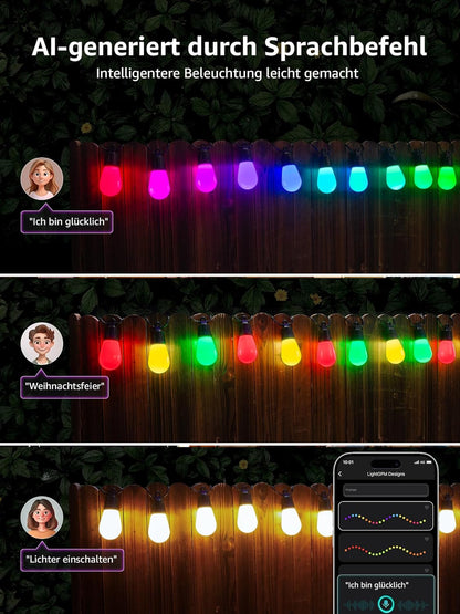 Lepro ZB1 AI LED Lichterkette Außen 15m, RGB+Warmweiß Smarte LED S14 WLAN Glühbirnen,App-Steuerung,Funktioniert mit Alexa&Google,IP65,Personalisierter KI-Lichtdesigner,ohne Fernbedienung, 15 LEDs