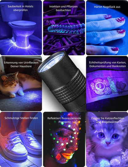 Lepro UV Taschenlampe, 365nm UV Lampe mit Clip, Batteriebetrieben Schwarzlicht Taschenlampe, Vielseitig & Tragbar Bernstein Lampe für Lecksuche, Haustierurin und Falschgeld-Erkennung