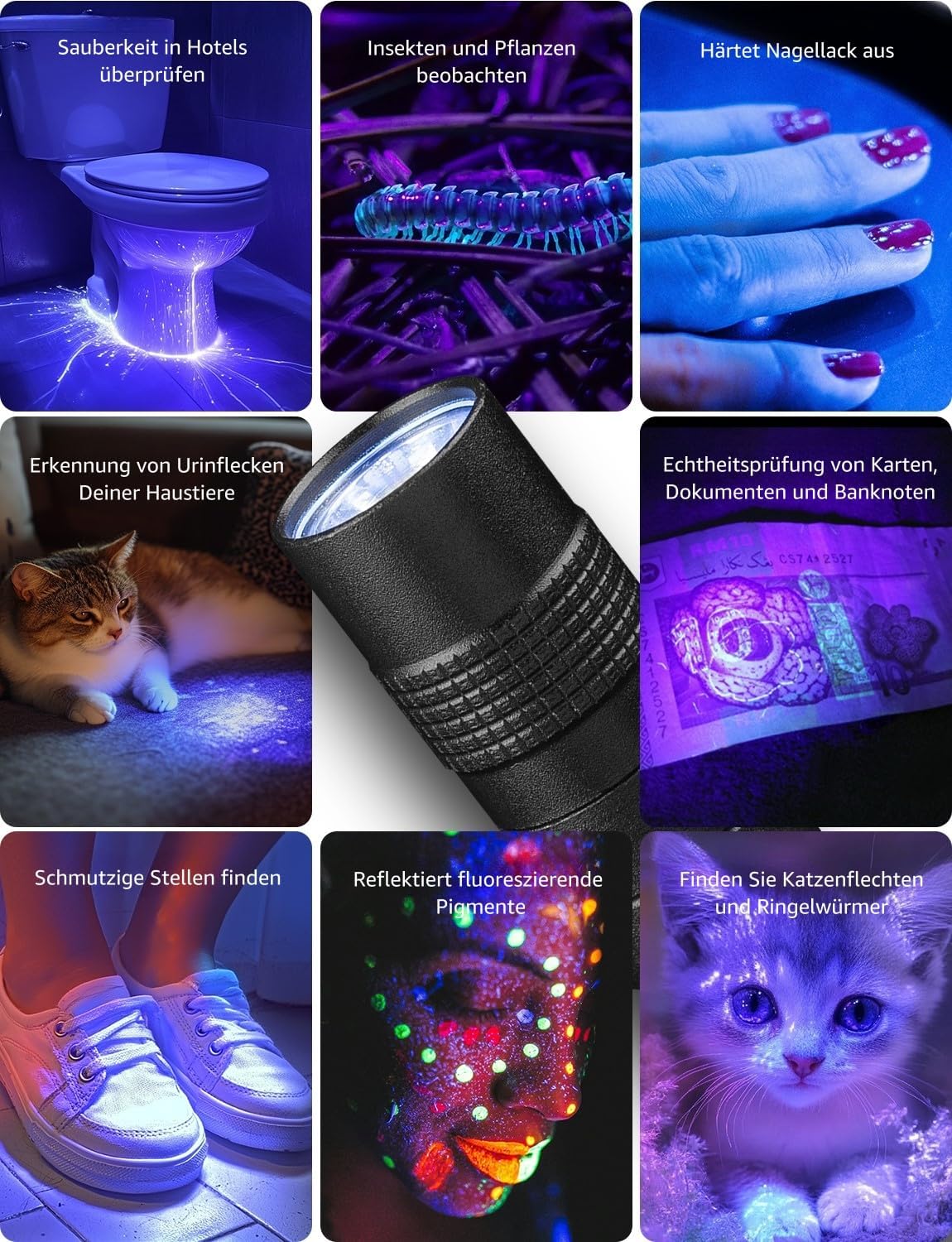 Lepro UV Taschenlampe, 365nm UV Lampe mit Clip, Batteriebetrieben Schwarzlicht Taschenlampe, Vielseitig & Tragbar Bernstein Lampe für Lecksuche, Haustierurin und Falschgeld-Erkennung (2 Stück)