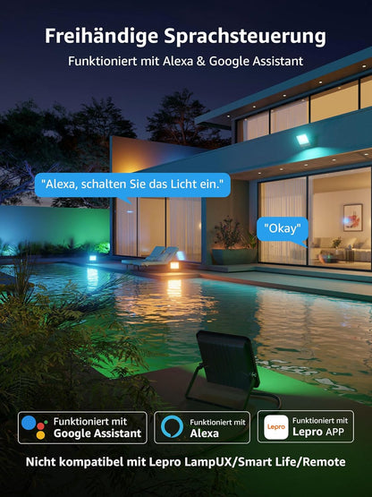Lepro AI Smart 50W Led Strahler Außen F1, RGB Dimmbar Außenstrahler, Personalisierter KI-Lichtdesigner, Musik Sync/APP Sprachsteuerung, IP65 Wasserdicht Fluter für Garten, Kompatibel mit Alexa/Google