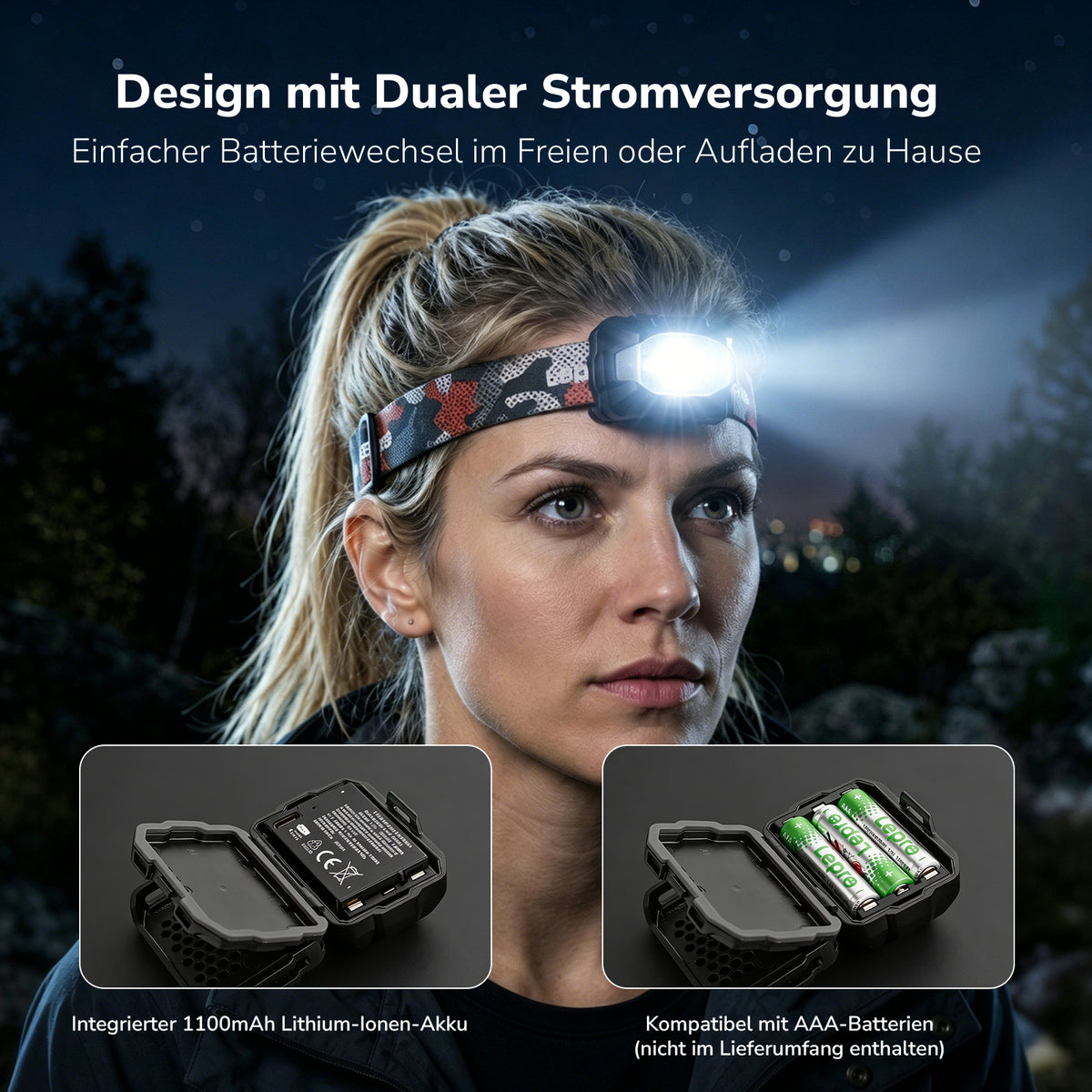 Lepro 5W Stirnlampe LED Wiederaufladbar, Dual Power Kopflampe mit Sensor | Stirnlampe mit USB-C und 3 AAA (Nicht Enthalten), 10 Lichtmodi & Rotlicht, IPX4 Wasserdicht Stirnlampen für Joggen & Camping [Energieklasse A]