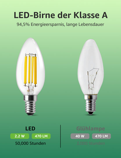Lepro Energieklasse A E14 LED warmweiss Lampe 2.2W 470 Lumen C35 2700K Warmweiß LED Glühbirne, entspricht 40W Glühlampe, 300° Abstrahlwinkel Nicht Dimmbar Energiesparlampe