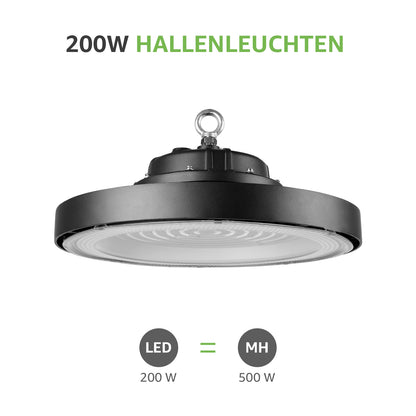 200W LED Hallenstrahler, 140lm/W, IP65 & IK08, 4000K Neutralweiß, Entspricht 500W Halogen, UFO High Bay Licht für Lager, Einzelhandel, Stadien, 5 Jahre Garantie